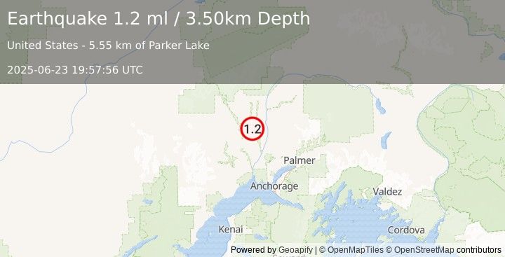 Earthquake 33 km SSW of Trapper Creek, Alaska (1.2 ml) (2025-06-23 19:57:56 UTC)