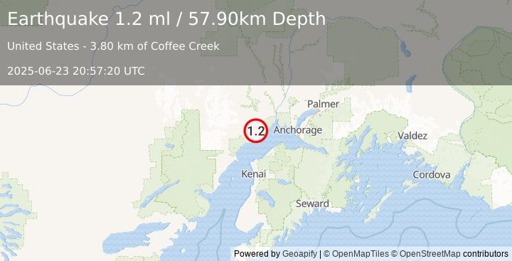 Earthquake 8 km NW of Beluga, Alaska (1.2 ml) (2025-06-23 20:57:20 UTC)