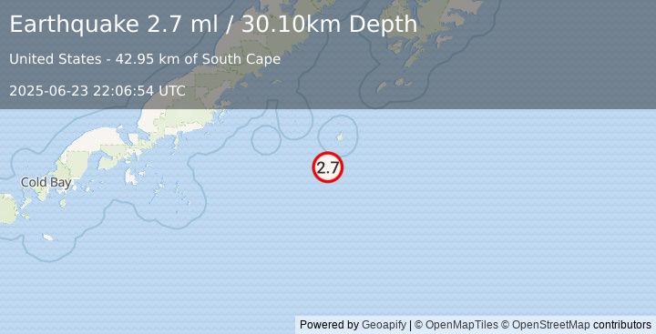 Earthquake 184 km ESE of Chignik, Alaska (2.7 ml) (2025-06-23 22:06:54 UTC)