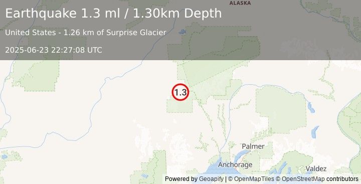 Earthquake 81 km WNW of Petersville, Alaska (1.3 ml) (2025-06-23 22:27:08 UTC)