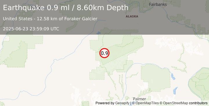 Earthquake 36 km S of Denali National Park, Alaska (0.9 ml) (2025-06-23 23:59:09 UTC)