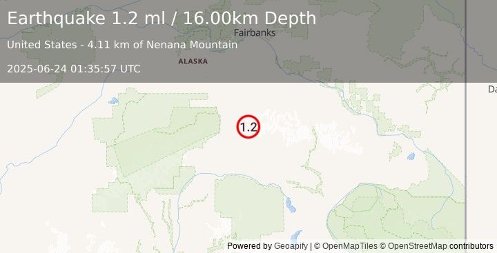 Earthquake 54 km ENE of Cantwell, Alaska (1.2 ml) (2025-06-24 01:35:57 UTC)