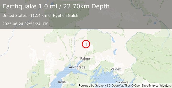 Earthquake 40 km E of Susitna North, Alaska (1.0 ml) (2025-06-24 02:53:24 UTC)