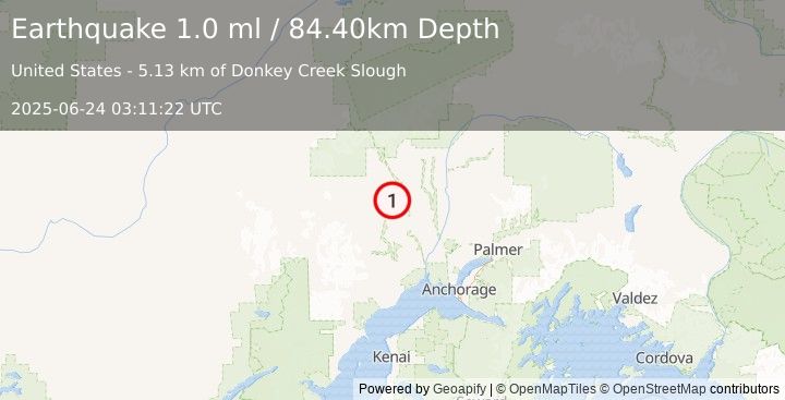 Earthquake 12 km NE of Skwentna, Alaska (1.0 ml) (2025-06-24 03:11:22 UTC)