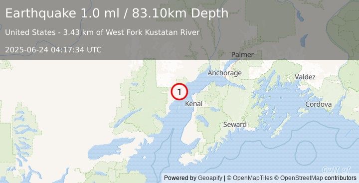 Earthquake 35 km WNW of Nikiski, Alaska (1.0 ml) (2025-06-24 04:17:34 UTC)