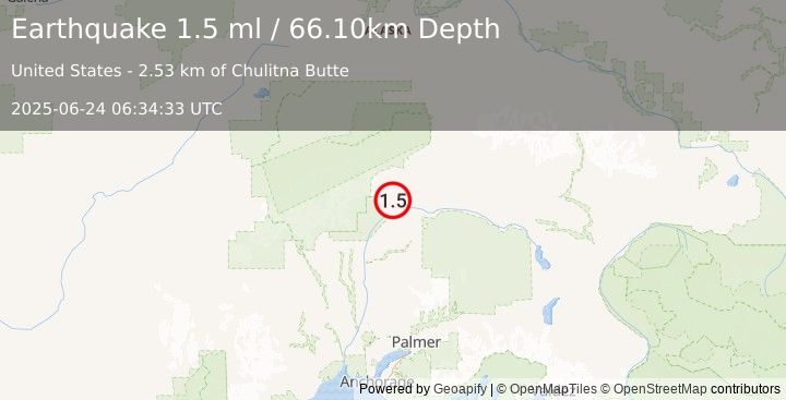Earthquake 59 km NNE of Chase, Alaska (1.5 ml) (2025-06-24 06:34:33 UTC)