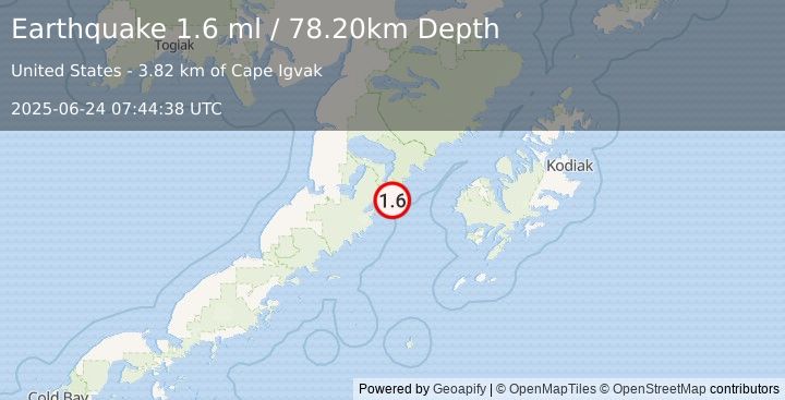 Earthquake 86 km E of Ugashik, Alaska (1.6 ml) (2025-06-24 07:44:38 UTC)