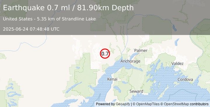 Earthquake 54 km NW of Beluga, Alaska (0.7 ml) (2025-06-24 07:48:48 UTC)