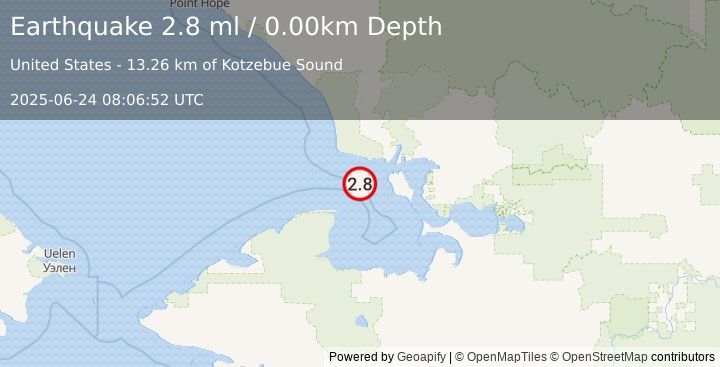 Earthquake 27 km WSW of Kotzebue, Alaska (2.8 ml) (2025-06-24 08:06:52 UTC)