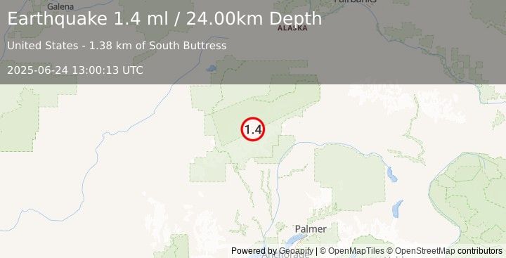 Earthquake 61 km N of Petersville, Alaska (1.4 ml) (2025-06-24 13:00:13 UTC)