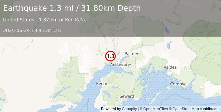 Earthquake 6 km WSW of Susitna, Alaska (1.3 ml) (2025-06-24 13:41:34 UTC)