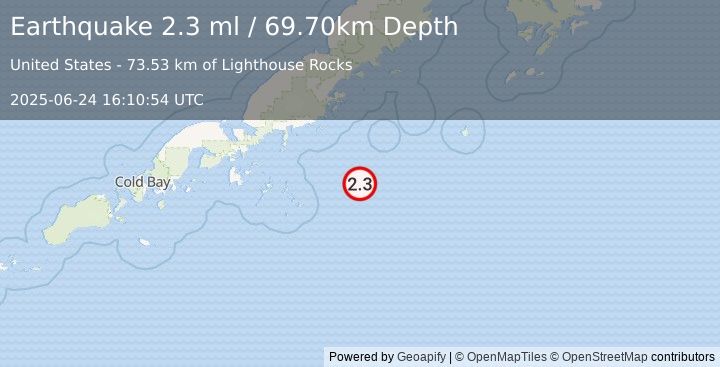 Earthquake 111 km SE of Perryville, Alaska (2.3 ml) (2025-06-24 16:10:54 UTC)