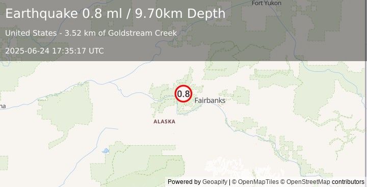 Earthquake 31 km SE of Minto, Alaska (0.8 ml) (2025-06-24 17:35:17 UTC)