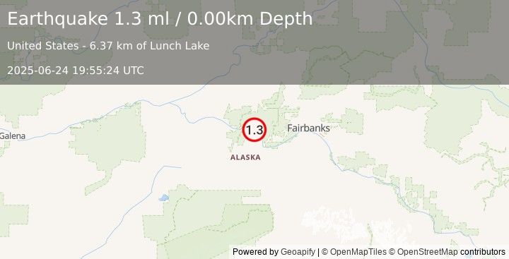 Earthquake 26 km NNW of Four Mile Road, Alaska (1.3 ml) (2025-06-24 19:55:24 UTC)