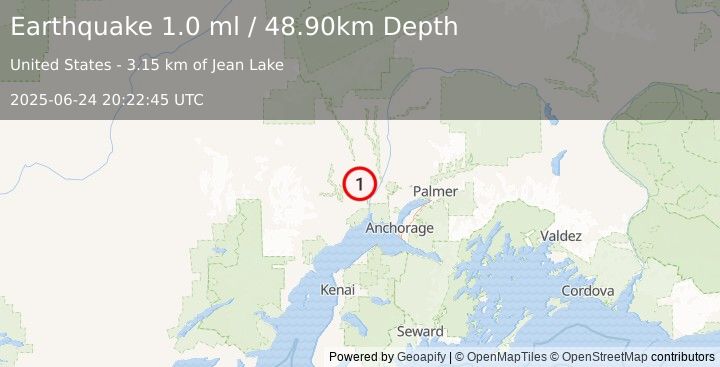 Earthquake 20 km NW of Susitna, Alaska (1.0 ml) (2025-06-24 20:22:45 UTC)