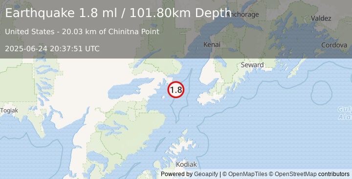 Earthquake 57 km WNW of Nanwalek, Alaska (1.8 ml) (2025-06-24 20:37:51 UTC)
