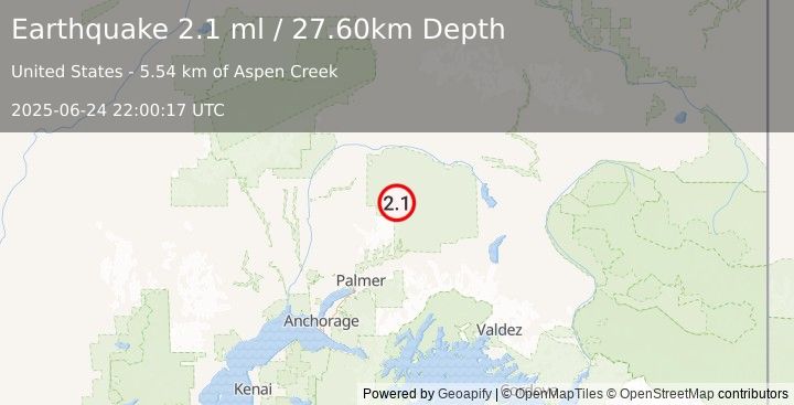 Earthquake 59 km N of Chickaloon, Alaska (2.1 ml) (2025-06-24 22:00:17 UTC)