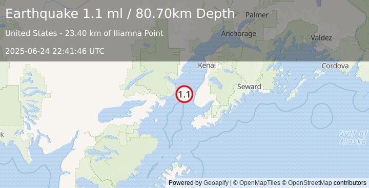 Earthquake 27 km W of Happy Valley, Alaska (1.1 ml) (2025-06-24 22:41:46 UTC)