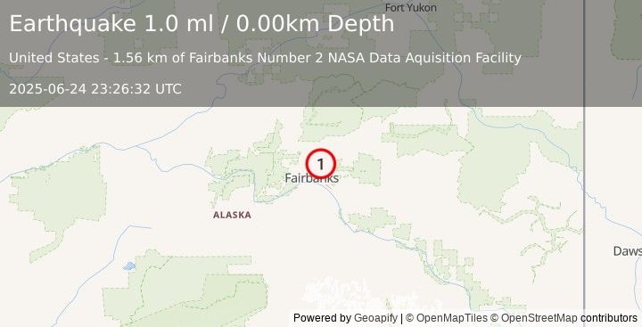 Earthquake 6 km ENE of Fox, Alaska (1.0 ml) (2025-06-24 23:26:32 UTC)