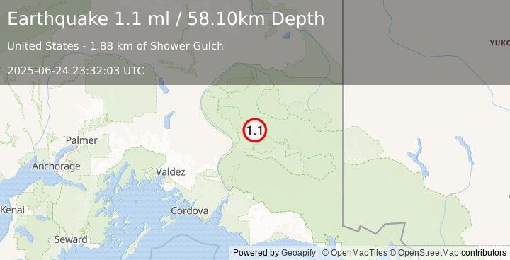 Earthquake 45 km NE of Chitina, Alaska (1.1 ml) (2025-06-24 23:32:03 UTC)