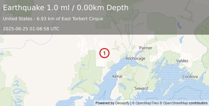 Earthquake 68 km WNW of Beluga, Alaska (1.0 ml) (2025-06-25 01:08:58 UTC)