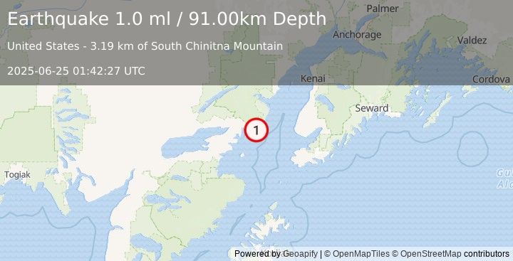 Earthquake 62 km E of Pedro Bay, Alaska (1.0 ml) (2025-06-25 01:42:27 UTC)
