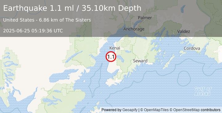 Earthquake 7 km WNW of Clam Gulch, Alaska (1.1 ml) (2025-06-25 05:19:36 UTC)
