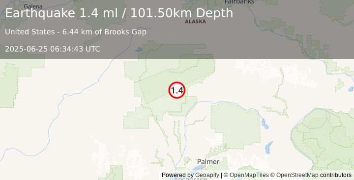 Earthquake 66 km NNE of Petersville, Alaska (1.4 ml) (2025-06-25 06:34:43 UTC)