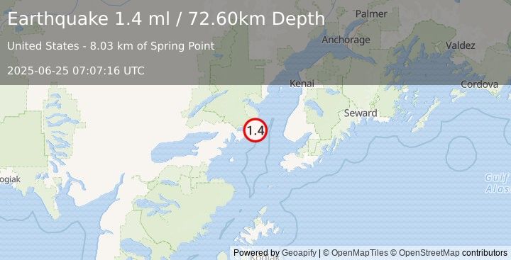 Earthquake 48 km W of Anchor Point, Alaska (1.4 ml) (2025-06-25 07:07:16 UTC)
