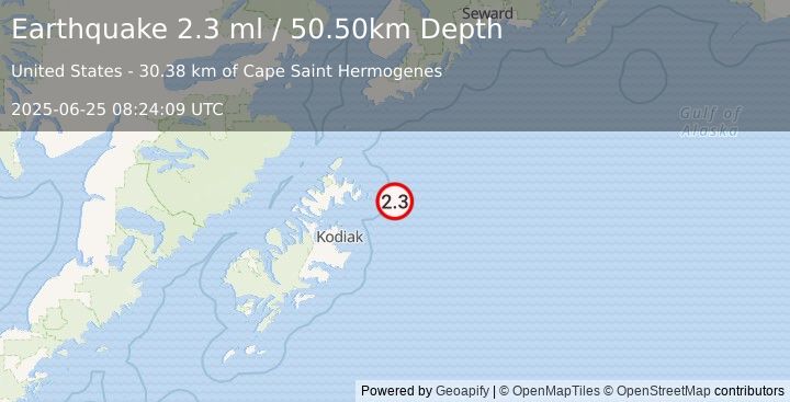 Earthquake 76 km ENE of Ouzinkie, Alaska (2.3 ml) (2025-06-25 08:24:09 UTC)