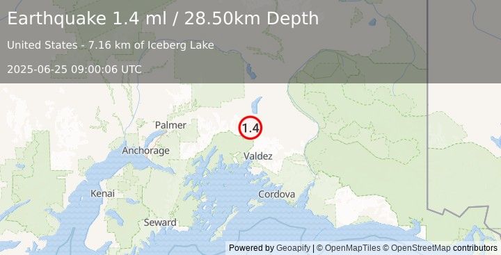 Earthquake 49 km S of Nelchina, Alaska (1.4 ml) (2025-06-25 09:00:06 UTC)