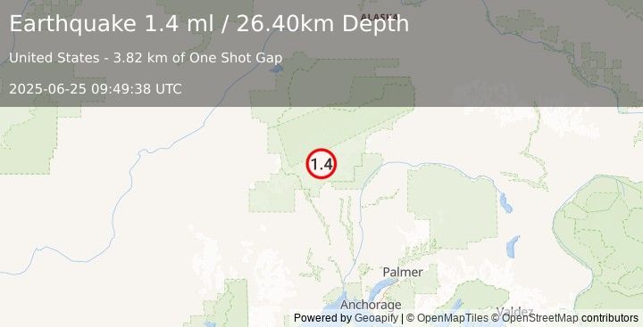 Earthquake 42 km NNW of Petersville, Alaska (1.4 ml) (2025-06-25 09:49:38 UTC)