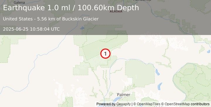 Earthquake 62 km NNE of Petersville, Alaska (1.0 ml) (2025-06-25 10:58:04 UTC)