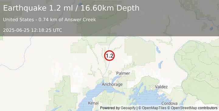 Earthquake 13 km WNW of Susitna North, Alaska (1.2 ml) (2025-06-25 12:18:25 UTC)
