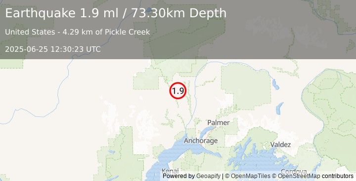 Earthquake 26 km SSW of Petersville, Alaska (1.9 ml) (2025-06-25 12:30:23 UTC)