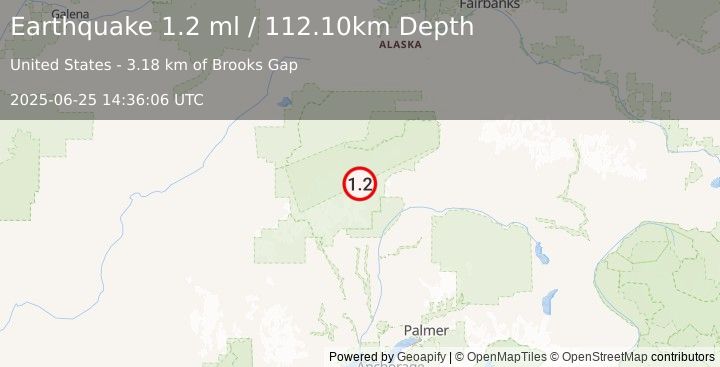Earthquake 67 km N of Petersville, Alaska (1.2 ml) (2025-06-25 14:36:06 UTC)