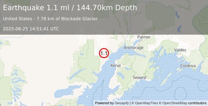 Earthquake 54 km W of Tyonek, Alaska (1.1 ml) (2025-06-25 14:51:41 UTC)