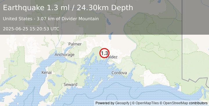 Earthquake 32 km WNW of Valdez, Alaska (1.3 ml) (2025-06-25 15:20:53 UTC)