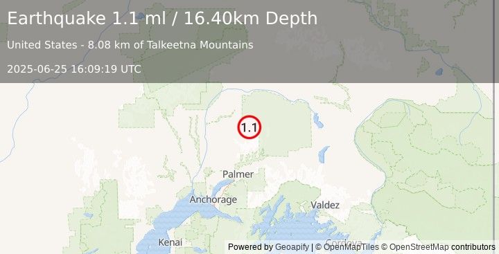Earthquake 58 km NNW of Chickaloon, Alaska (1.1 ml) (2025-06-25 16:09:19 UTC)