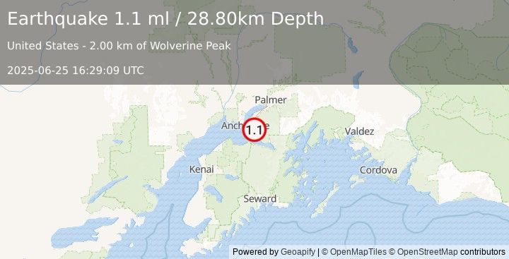 Earthquake 11 km S of Elmendorf Air Force Base, Alaska (1.1 ml) (2025-06-25 16:29:09 UTC)
