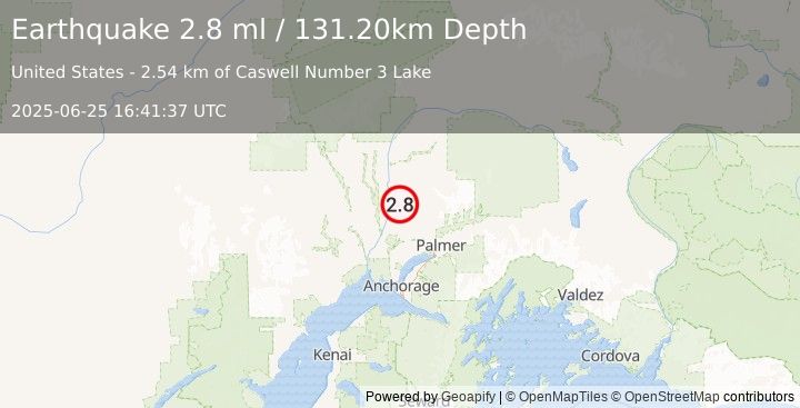 Earthquake 20 km S of Susitna North, Alaska (2.8 ml) (2025-06-25 16:41:37 UTC)