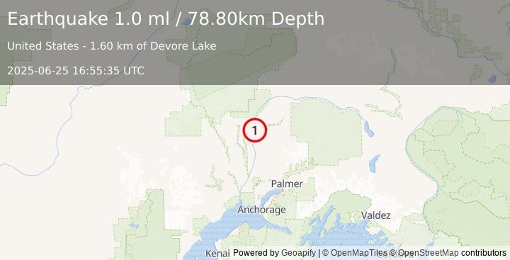 Earthquake 6 km N of Talkeetna, Alaska (1.0 ml) (2025-06-25 16:55:35 UTC)