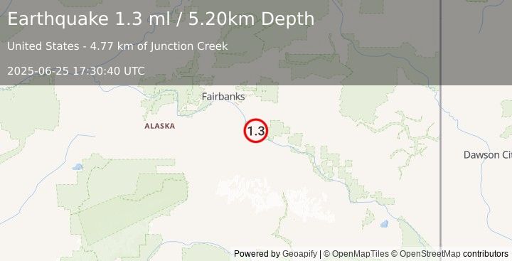 Earthquake 5 km WNW of Harding-Birch Lakes, Alaska (1.3 ml) (2025-06-25 17:30:40 UTC)