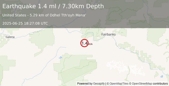 Earthquake 40 km WNW of Anderson, Alaska (1.4 ml) (2025-06-25 18:27:08 UTC)