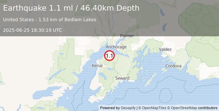 Earthquake 17 km E of Point Possession, Alaska (1.1 ml) (2025-06-25 18:30:19 UTC)