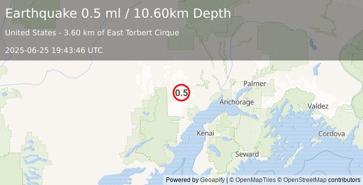 Earthquake 71 km WNW of Beluga, Alaska (0.5 ml) (2025-06-25 19:43:46 UTC)
