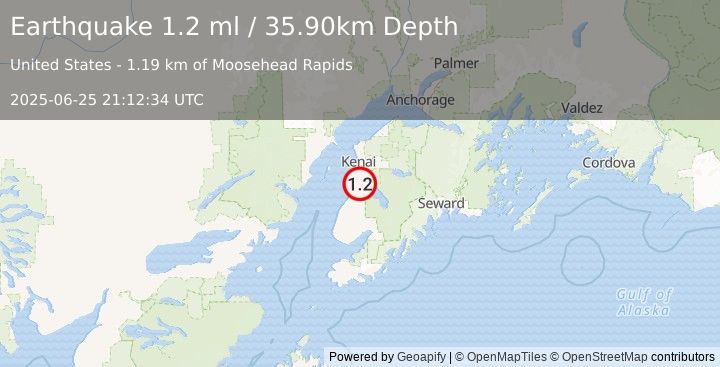 Earthquake 3 km SE of Kasilof, Alaska (1.2 ml) (2025-06-25 21:12:34 UTC)