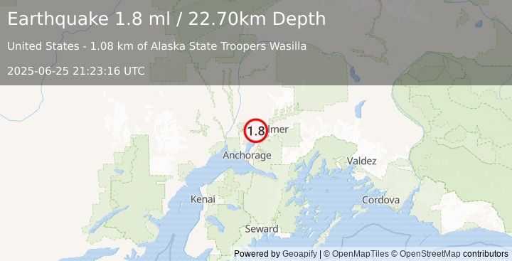 Earthquake 5 km S of Meadow Lakes, Alaska (1.8 ml) (2025-06-25 21:23:16 UTC)