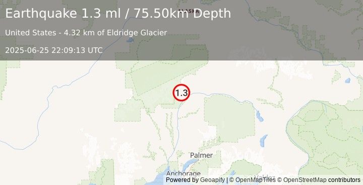 Earthquake 47 km N of Chase, Alaska (1.3 ml) (2025-06-25 22:09:13 UTC)
