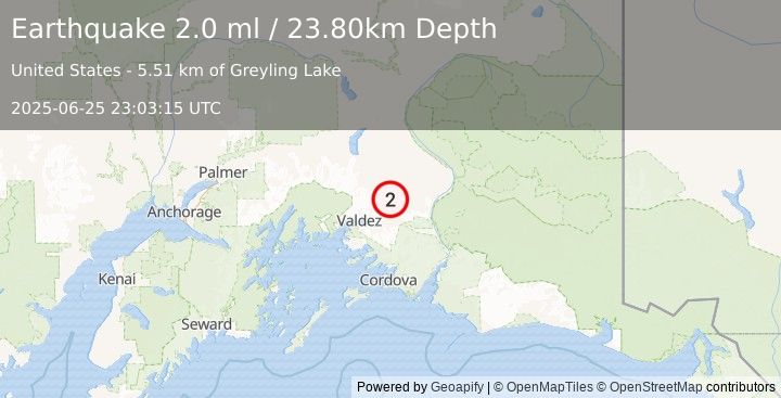 Earthquake 40 km NE of Valdez, Alaska (2.0 ml) (2025-06-25 23:03:15 UTC)